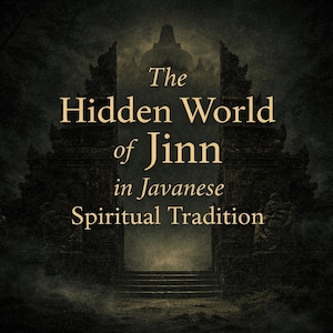 Puede incluir: Imagen digitalmente mejorada con el texto "The Hidden World of Jinn in Javanese Spiritual Tradition". La imagen presenta un arco de piedra con un templo al fondo, sobre un fondo oscuro y atmosférico.