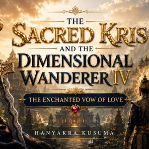 May include: A book cover titled The Sacred Kris and the Dimensional Wanderer IV: The Enchanted Vow of Love by Hanyakra Kusuma. It features a golden wavy-bladed dagger on the left and a person in ornate attire facing a temple in the distance.