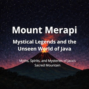 Könnte beinhalten: Bild von Mount Merapi mit Text: "Mount Merapi, Mystical Legends and the Unseen World of Java, Myths, Spirits, and Mysteries of Java's Sacred Mountain." Das Bild zeigt einen ausbrechenden Vulkan unter einem Sternenhimmel.