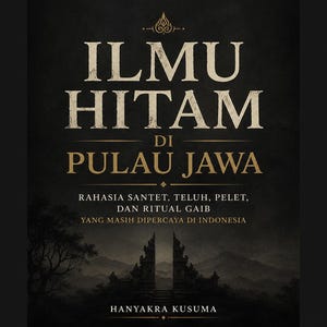 May include: A book cover with a dark background featuring the title ILMU HITAM DI PULAU JAWA in gold lettering. Below the title, the text reads RAHASIA SANTET, TELUH, PELET, DAN RITUAL GAIB YANG MASIH DIPERCAYA DI INDONESIA, with HANYAKRA KUSUMA at the bottom.