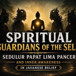May include: A digital illustration featuring five silhouetted figures in a forest setting. The central figure glows with a bright light at the chest. Text reads: SPIRITUAL GUARDIANS OF THE SELF, SEDULUR PAPAT LIMA PANCER AND INNER AWARENESS IN JAVANESE BELIEF.