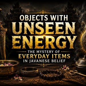 May include: A graphic display featuring the text "OBJECTS WITH UNSEEN ENERGY THE MYSTERY OF EVERYDAY ITEMS IN JAVANESE BELIEF" in gold lettering. Surrounding the text are a dagger, a pendant, a bowl with flowers, a ring, beads, and a key.