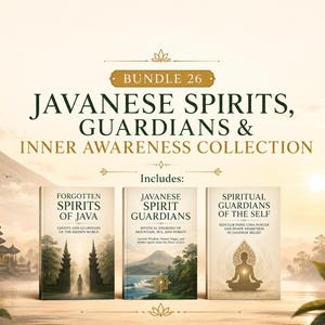 Op de afbeelding: Een digitaal pakket getiteld BUNDLE 26 JAVANESE SPIRITS, GUARDIANS & INNER AWARENESS COLLECTION met drie boeken. De titels zijn Forgotten Spirits of Java, Javanese Spirit Guardians en Spiritual Guardians of the Self met geïllustreerde covers.
