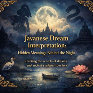Könnte beinhalten: Eine künstlerische Illustration mit dem Text "Javanese Dream Interpretation: Hidden Meanings Behind the Night". Das Bild zeigt einen Vollmond, eine Schlange, ein Boot, eine Lotusblume und einen Vogel, vor einem dunklen, mystischen Hintergrund.