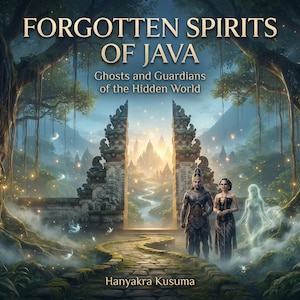 Può includere: Una copertina di libro intitolata Forgotten Spirits of Java: Ghosts and Guardians of the Hidden World di Hanyakra Kusuma, con un portale in pietra, un sentiero tortuoso, due figure umane e uno spirito traslucido in una foresta.
