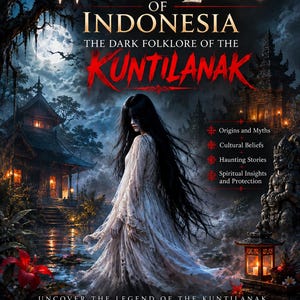 May include: A book cover titled The White Lady of Indonesia: The Dark Folklore of the Kuntilanak. It features a figure with long black hair in a white dress standing in water near a traditional building, stone statues, and a glowing lantern.
