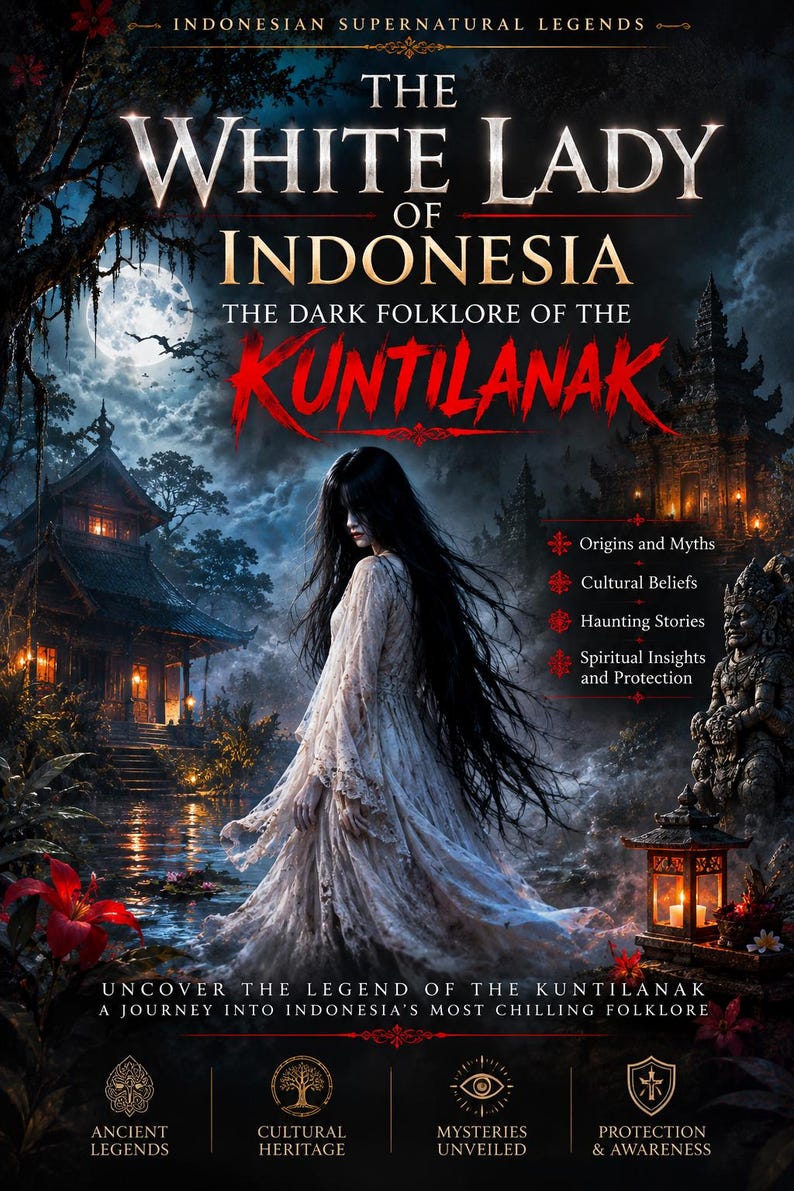 May include: A book cover titled The White Lady of Indonesia: The Dark Folklore of the Kuntilanak. It features a figure with long black hair in a white dress standing in water near a traditional building, stone statues, and a glowing lantern.