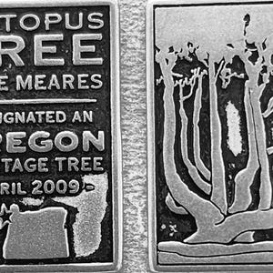 May include: A silver metal plaque with the text "Octopus Tree, Cape Meares, Designated an Oregon Heritage Tree, April 2009" and a stylized image of the tree.