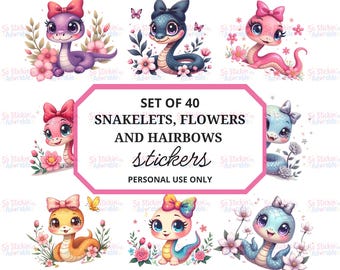 May include: A set of 40 stickers featuring cartoon snakelets with bows, flowers, and the text "SNAKELETS, FLOWERS AND HAIRBOWS stickers PERSONAL USE ONLY". The stickers are in various colours, including purple, blue, and pink.