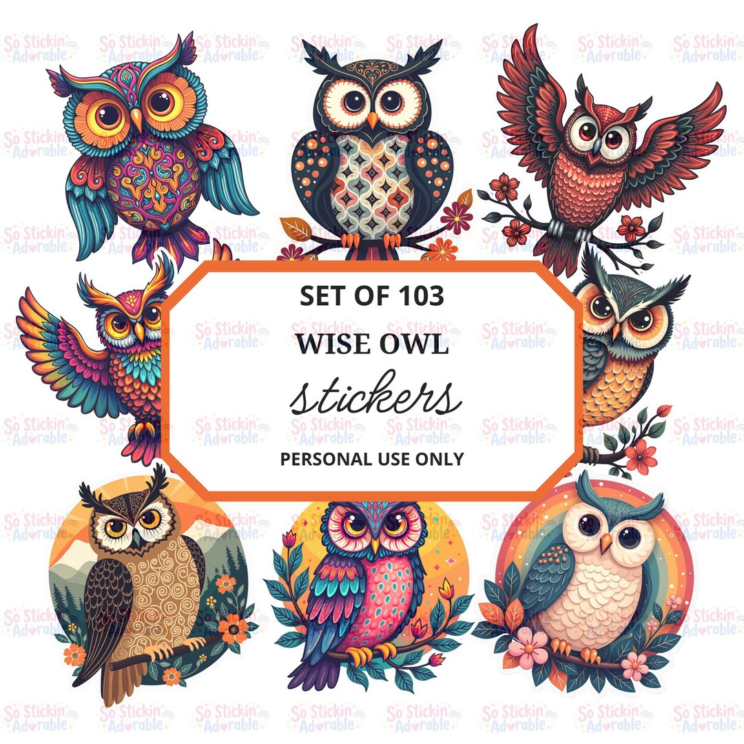 103 Wise Owl Stickers Bundle, Png Jpg Svg, Printable Stickers, Owl ...