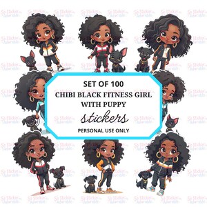 Könnte beinhalten: Set mit 100 Chibi-Aufklebern mit einem schwarzen Fitness-Mädchen und einem Welpen. Die Aufkleber zeigen das Mädchen in verschiedenen Sportoutfits, jeweils mit einem kleinen schwarzen Welpen. Der Text "PERSONAL USE ONLY" ist enthalten.
