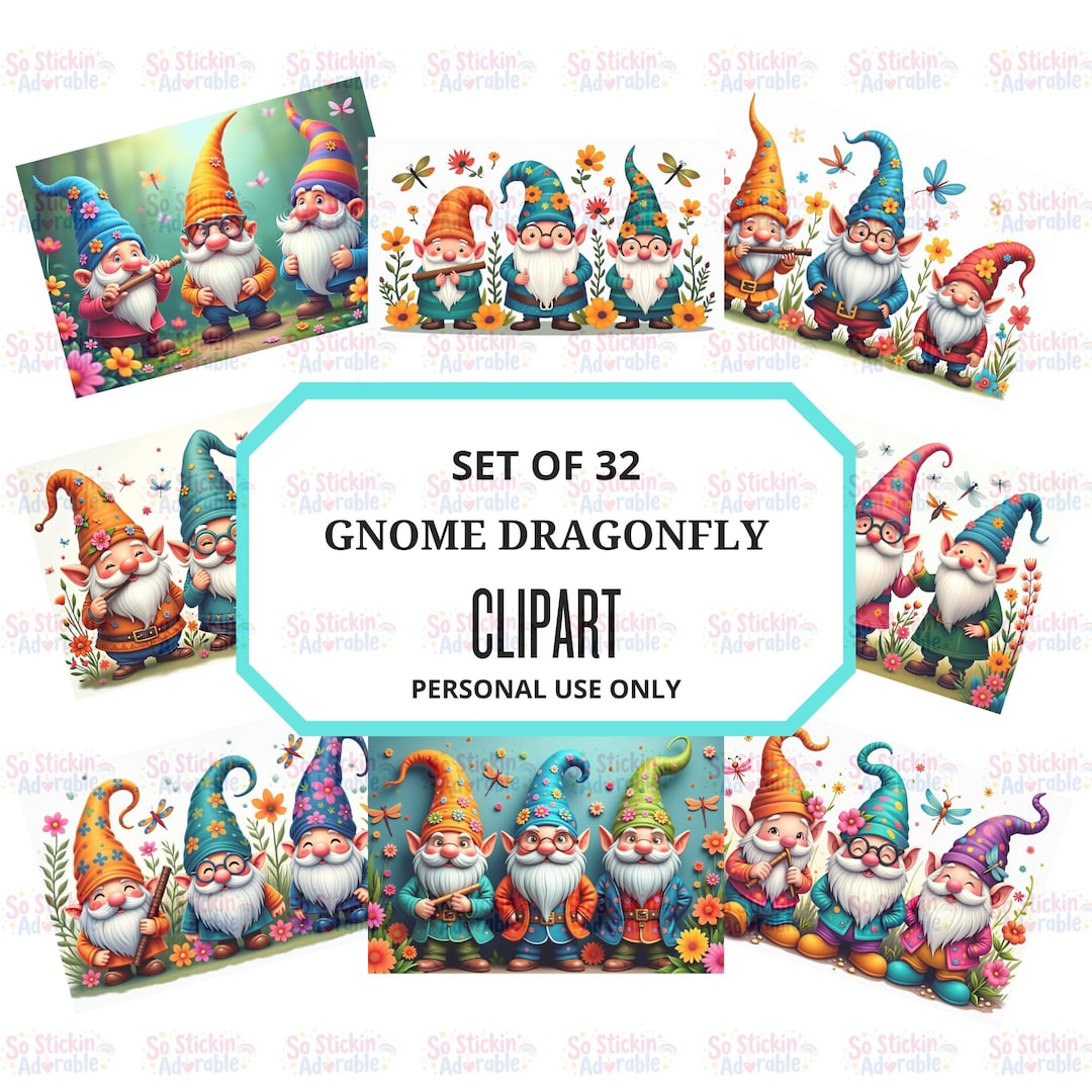 32 Gnome Dragonfly Clipart Bundle, Cute Garden Gnomes Stickers, Floral ...