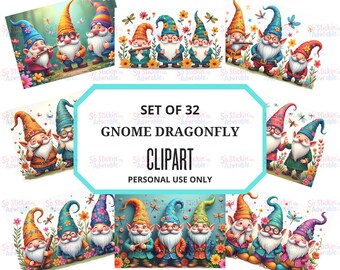 Paquete de 32 imágenes prediseñadas de gnomos y libélulas, lindas pegatinas de gnomos de jardín, fantasía floral PNG SVG JPG, gnomos caprichosos, arte de gnomos, manualidades y planificadores