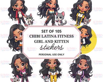 May include: A set of 105 stickers featuring chibi Latina fitness girls and kittens. The stickers showcase girls in athletic wear with their kitten companions. The text "SET OF 105 CHIBI LATINA FITNESS GIRL AND KITTEN stickers PERSONAL USE ONLY" is displayed.