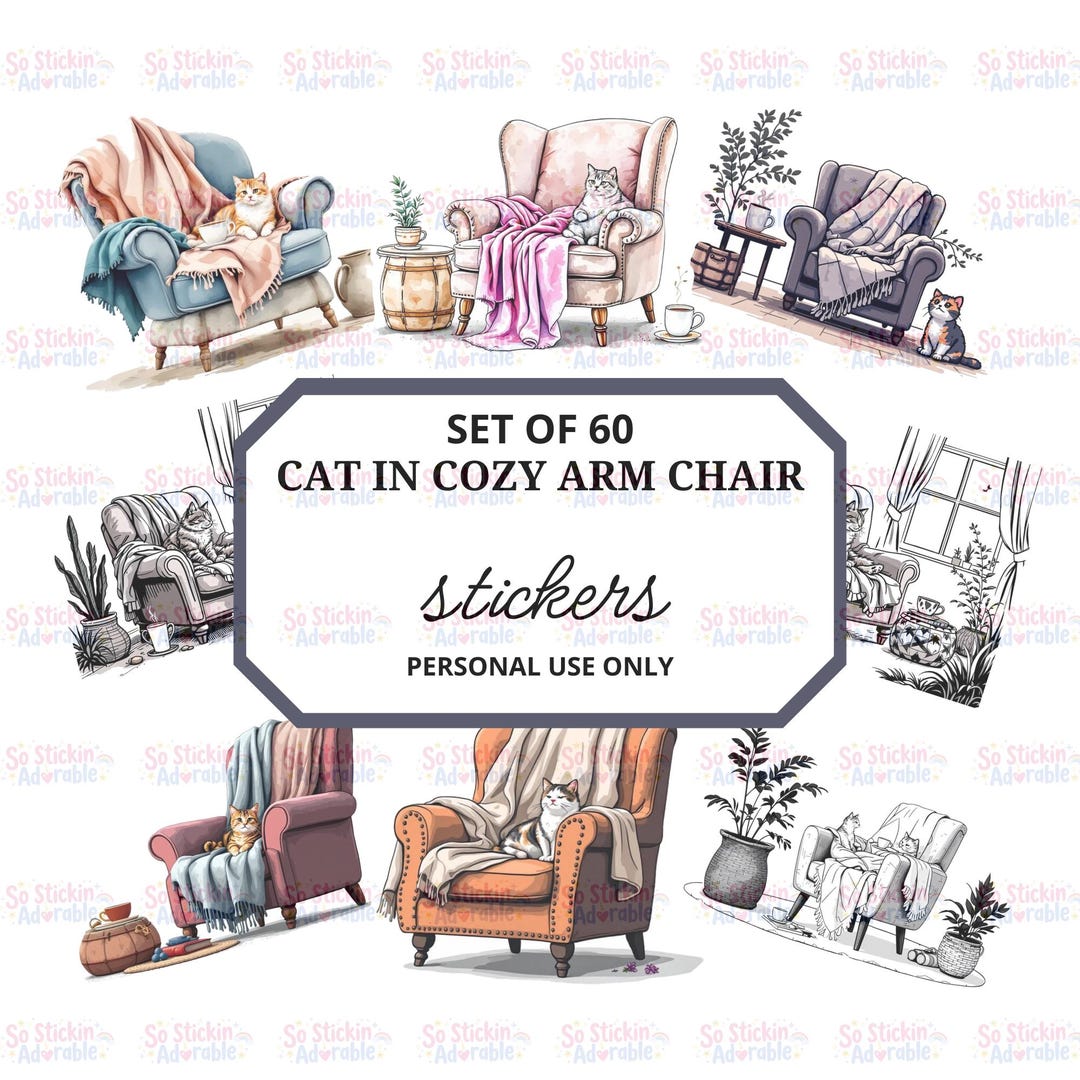60 Cat in Cozy Arm Chair Stickers, Printable and Digital Cat Stickers ...