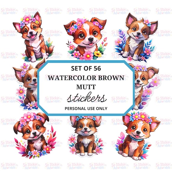 56 Watercolor Mutt Puppy Stickers: Printable Dog Planner Stickers (Digital Download)