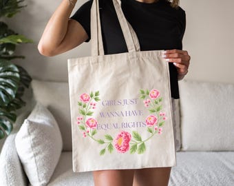 Las niñas sólo quieren tener los mismos derechos, Feministischer Jutebeutel mit Blumenmotiv / Statement Stoffbeutel / Nachhaltig & umweltfreundlich