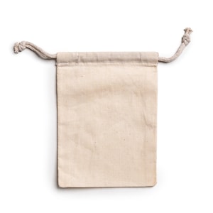 May include: A beige drawstring bag made of a textured fabric. The bag has a rectangular shape with a rounded bottom and a drawstring closure at the top. The drawstring is a light beige color.
