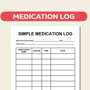 以下が含まれることがあります： 赤いバナーに「MEDICATION LOG」の文字が入った白い投薬記録。記録には、薬の名前、用量、時間、メモのフィールドが含まれています。右下隅にはReady Pandaのロゴがあります。