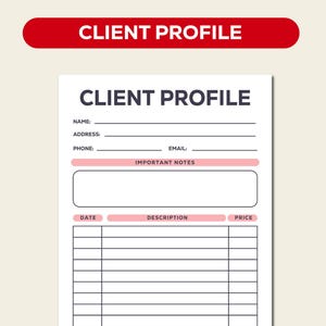 Puede incluir: Un formulario de perfil de cliente blanco con el texto "CLIENT PROFILE" en la parte superior. El formulario incluye campos para nombre, dirección, teléfono y correo electrónico, junto con una sección para notas importantes y una tabla para fechas, descripciones y precios. El logotipo de Ready Panda está en la parte inferior.