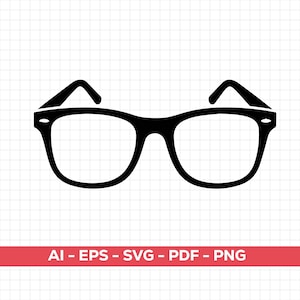 Puede incluir: Gafas con montura negra con un diseño de montura rectangular clásico. La imagen es un gráfico vectorial, con el texto "AI - EPS - SVG - PDF - PNG" en una pancarta roja en la parte inferior. Las gafas están sobre un fondo de cuadrícula blanca.