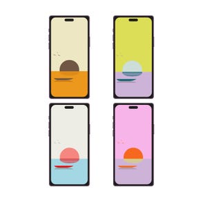 May include: Four different phone screen designs featuring a sunset and a boat on the water. The first screen is yellow with a brown sunset and a brown boat. The second screen is yellow with a blue sunset and a blue boat. The third screen is beige with a pink sunset and a red boat. The fourth screen is pink with an orange sunset and a red boat.