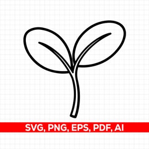 May include: Black and white line art illustration of a seedling with two leaves. The image includes the text "SVG, PNG, EPS, PDF, AI" in a red banner at the bottom. The background is a grid pattern.