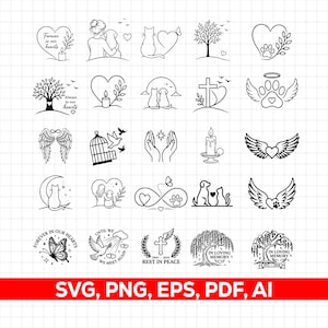 May include: A collection of black and white SVG designs featuring memorial and pet-themed illustrations. Designs include hearts, wings, trees, animals, and text such as "Forever in our hearts" and "Rest in Peace". Formats: SVG, PNG, EPS, PDF, AI.