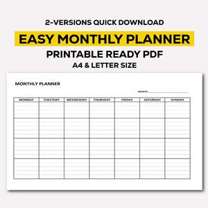 May include: A black and white printable monthly planner with a simple grid layout. The planner includes spaces for each day of the week, Monday through Sunday. The planner is labeled "Monthly Planner" and has a space for the month at the top.
