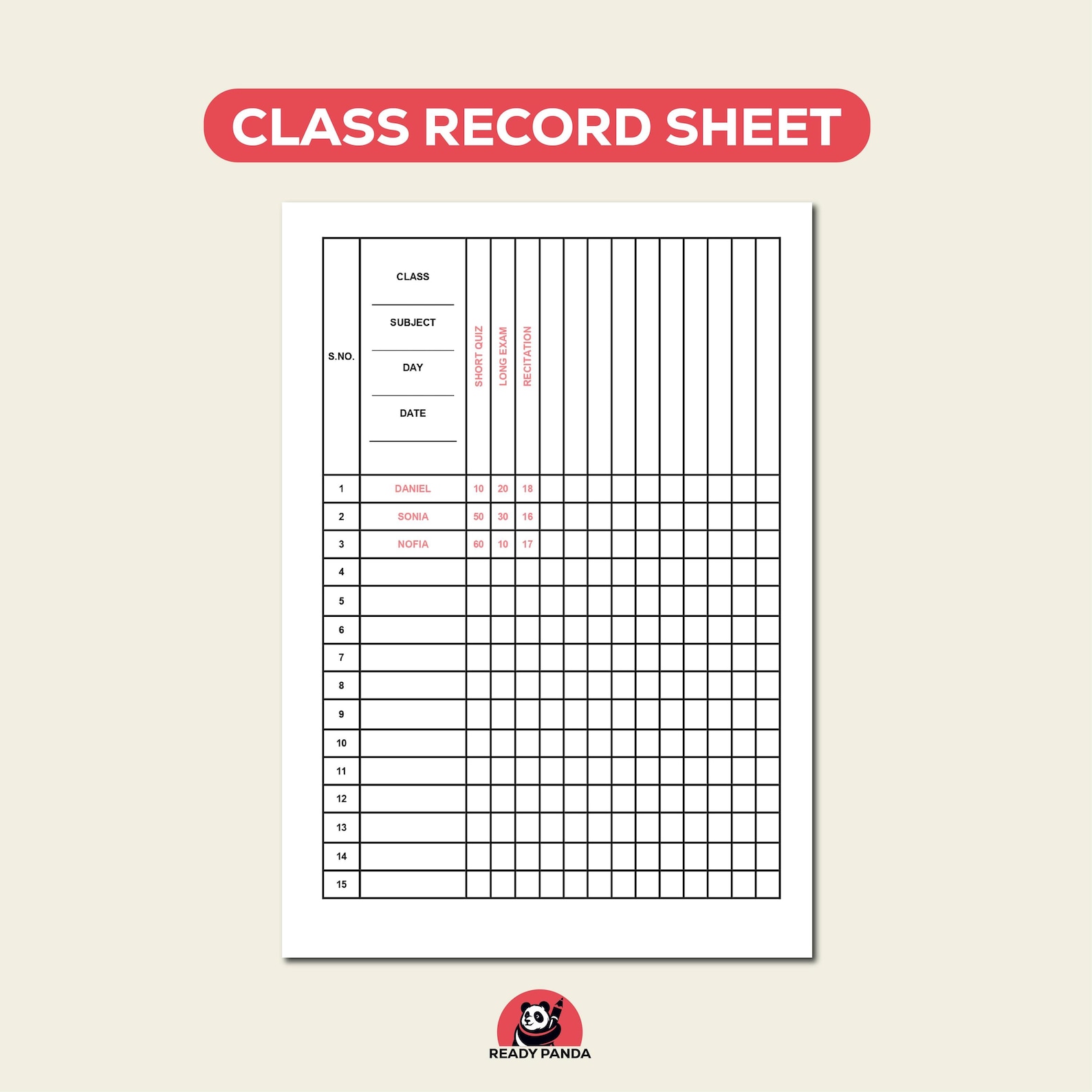 Printable Teacher Gradebook Template: Class Record & Attendance Sheet ...