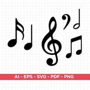 Op de afbeelding: Zwarte muzieknoten en een G-sleutel op een witte achtergrond. De afbeelding bevat een kwartnoot, een achtste noot en een zestiende noot. De tekst onderaan luidt "AI - EPS - SVG - PDF - PNG".
