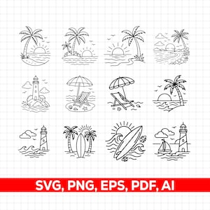 Pakiet SVG z widokami plaży, Sceny plażowe SVG, PNG z plażą, Zachód słońca na oceanie SVG, Krzesło plażowe, Ognisko plażowe SVG, Tropikalna wyspa, Para na plaży
