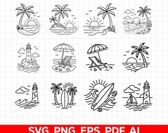Strandszene SVG-Bundle, Strandlandschaft SVG, Strand PNG, Ozean Sonnenuntergang svg, Strandstuhl, Strand Feuerstelle svg, Tropical Island, Paar am Strand