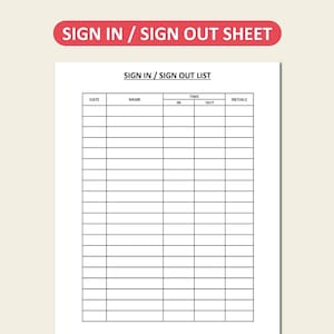 Sign In/Sign Out Sheet | A4 Printable Template (Digital Download)