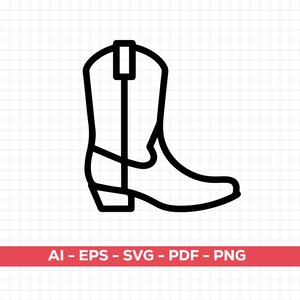 May include: Black and white line art illustration of a cowboy boot. The boot has a pointed toe, a stacked heel, and a tall shaft with a pull tab. The image is on a grid background.