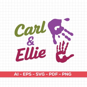 May include: A graphic design featuring the names "Carl & Ellie" in green and burgundy script, with purple and burgundy handprints. The bottom banner includes the text "AI - EPS - SVG - PDF - PNG".