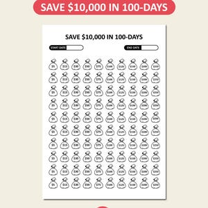 Desafio de economia de 10 mil em 100 dias, desafio de economia de 10.000 para impressão, gráfico de economia de 100 envelopes, plano PDF tamanho carta