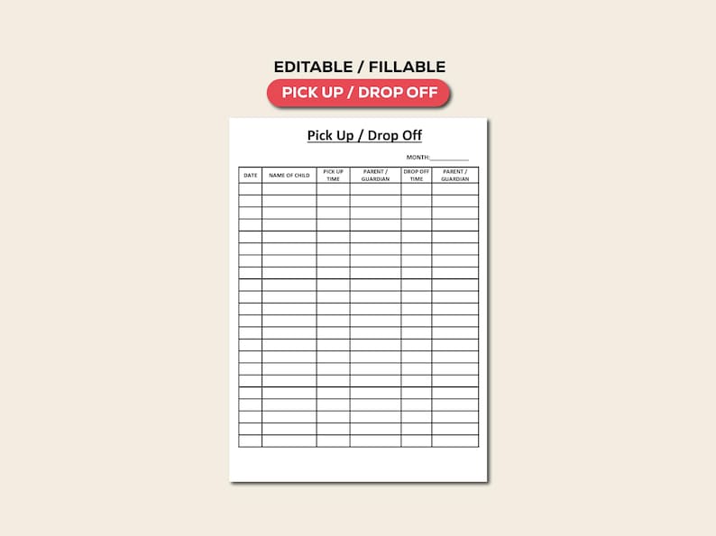 Child Pick Up/drop off Sheet: Daycare & Camp Printable (A4 Digital ...