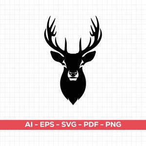 Puede incluir: Una silueta negra de la cabeza de un ciervo con grandes astas. La imagen es un gráfico vectorial, como indica el texto en la parte inferior: AI - EPS - SVG - PDF - PNG. La cabeza del ciervo está centrada en un fondo blanco con un patrón de cuadrícula.