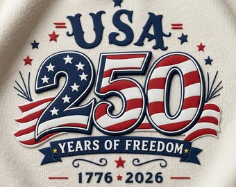 PNG del 250 aniversario de EE. UU. / 250 años de libertad, feliz cumpleaños América 1776–2026. Gráfico para camiseta patriótica del 4 de julio.