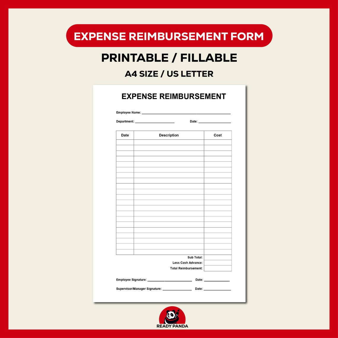 Expense Reimbursement Form Template: Printable PDF, MS Word & Google ...
