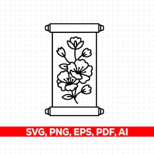 Puede incluir: Ilustración en blanco y negro de un pergamino con un diseño floral. El pergamino es rectangular con extremos enrollados. El diseño floral incluye flores y hojas. La parte inferior de la imagen tiene el texto "SVG, PNG, EPS, PDF, AI".