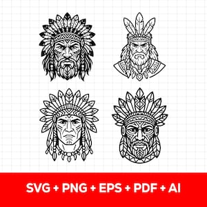 Peut inclure: Un ensemble de quatre illustrations en noir et blanc au trait représentant des portraits de personnes portant des coiffes à plumes. Les motifs graphiques sont disposés en grille au-dessus du texte SVG + PNG + EPS + PDF + AI.