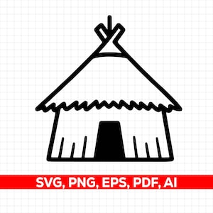May include: Black and white line art illustration of a hut with a thatched roof. The hut has a rectangular door and fringed edges. The text "SVG, PNG, EPS, PDF, AI" is in a red banner below the hut.