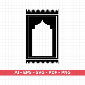 Könnte beinhalten: Schwarz-weiße Grafik eines Gebetsteppichs. Der Teppich hat eine rechteckige Form mit einem zentralen Bogendesign, einem Rand und Fransen. Der untere Teil des Bildes enthält den Text "AI - EPS - SVG - PDF - PNG" in Weiß auf rotem Hintergrund.