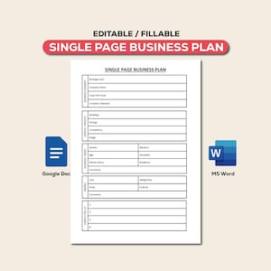 Puede incluir: Una plantilla de plan de negocios imprimible en blanco y negro en una sola página. La plantilla está dividida en secciones para el resumen del negocio, el producto/servicio, el público objetivo, las finanzas y el análisis de la competencia.