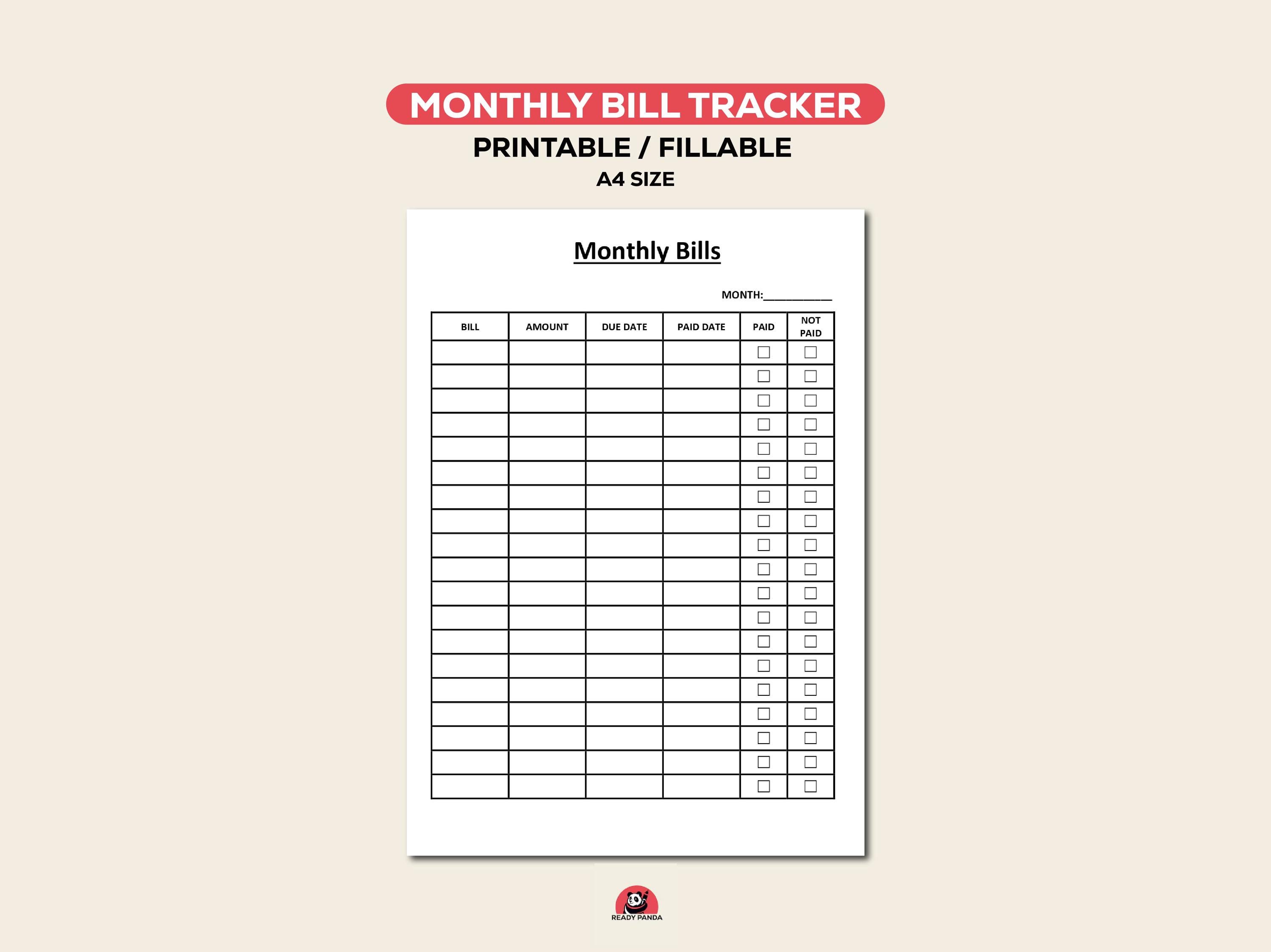 Editable Monthly Bill Tracker Printable: Budget Planner (A4, Fillable ...