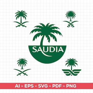May include: Green graphic design featuring the word "SAUDIA" in a semi-circle, with a palm tree and crossed swords. Additional smaller designs of palm trees and swords are also present. The image includes text at the bottom.