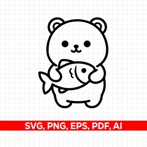 May include: A black and white cartoon illustration of a bear holding a fish. The bear has a round head, small ears, and a smiling face. The fish is detailed with fins and scales. The image includes the text "SVG, PNG, EPS, PDF, AI".