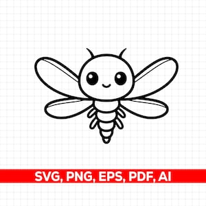 Può includere: Illustrazione a fumetti in bianco e nero di una libellula con grandi occhi e una bocca sorridente. La libellula ha due paia di ali e un corpo segmentato. L'immagine include il testo "SVG, PNG, EPS, PDF, AI".